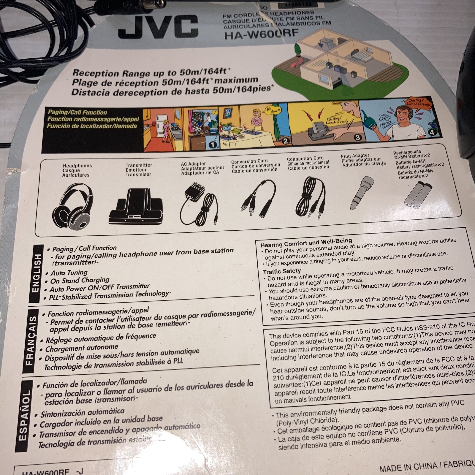 JVC HA-W600RF 900MHz Wireless Headphones w/ Transmitter Power Adapter Base