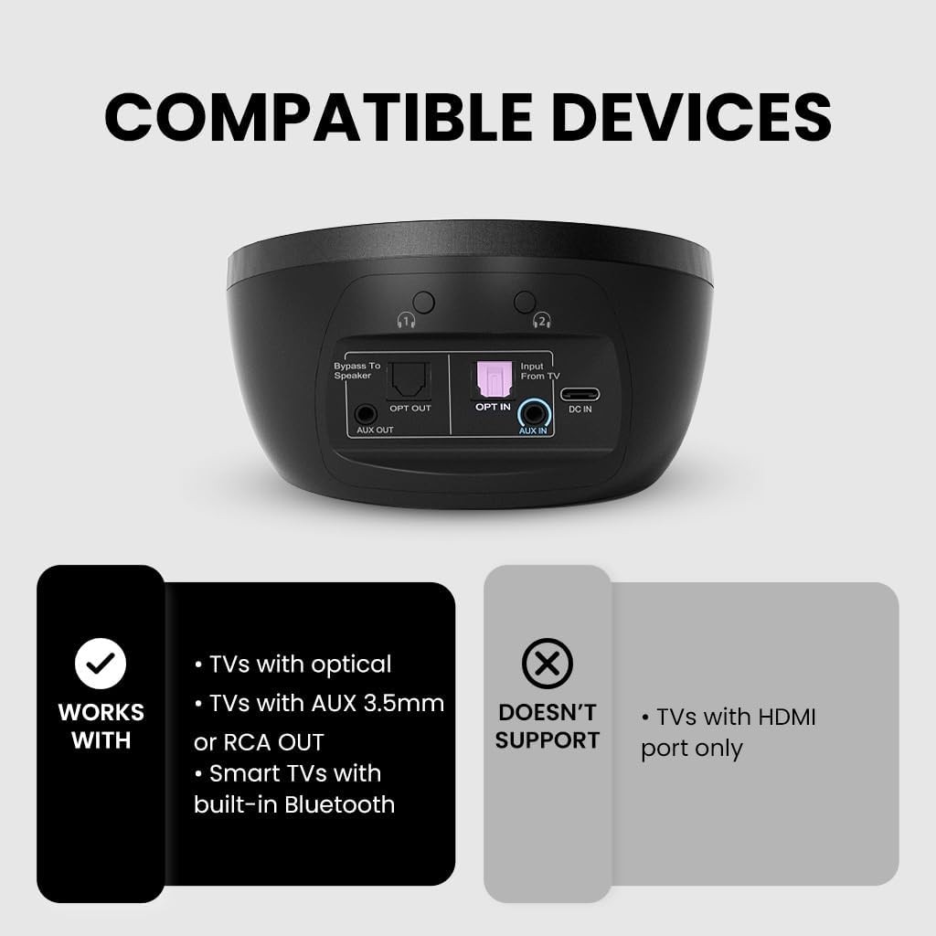 Avantree Medley Air – Wireless Earbuds for TV Listening with Clear Black