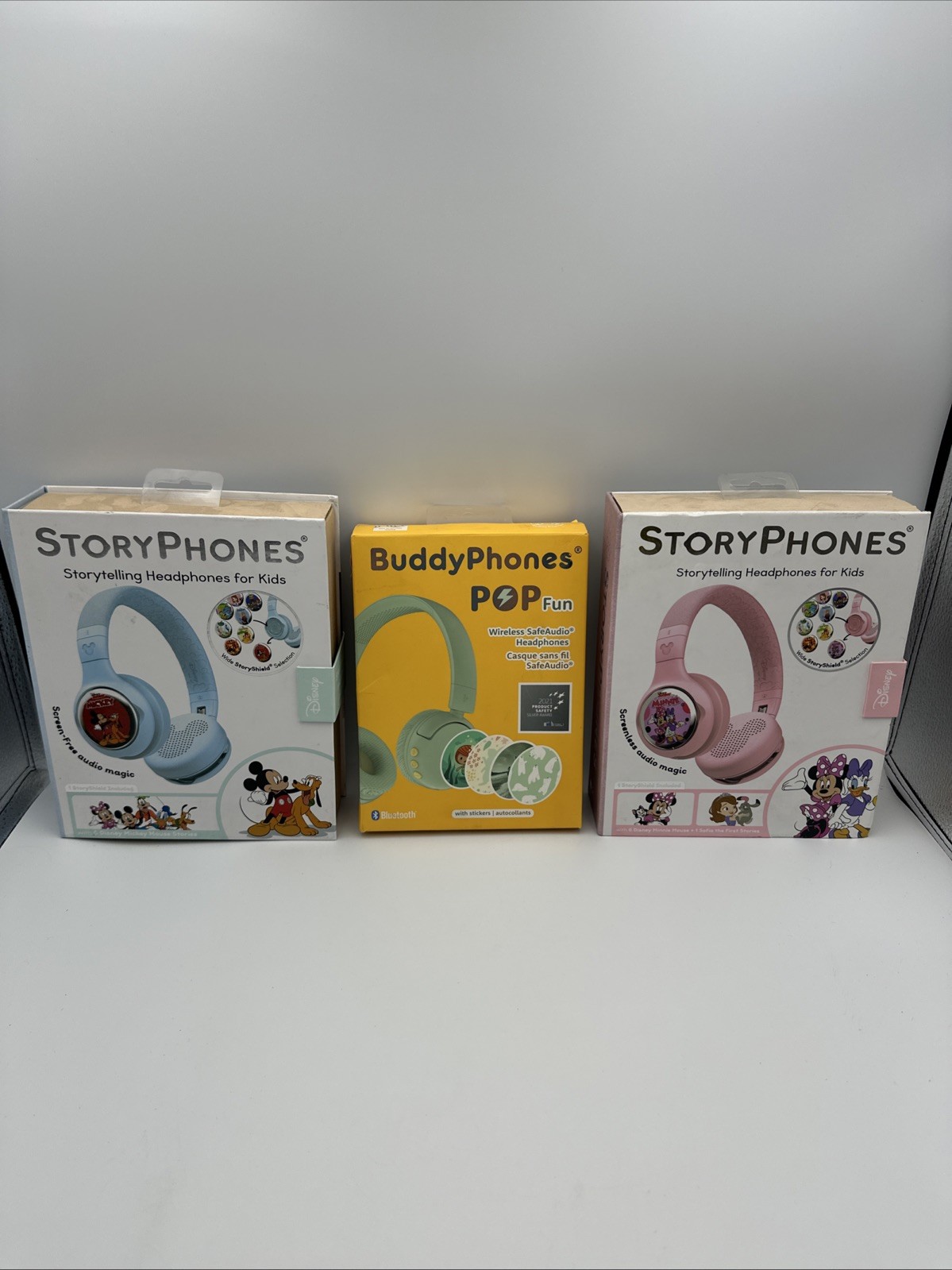 3 Pairs – Disney Story Phones & Buddy Phones Pop Headphones Kids Blue Pink Green