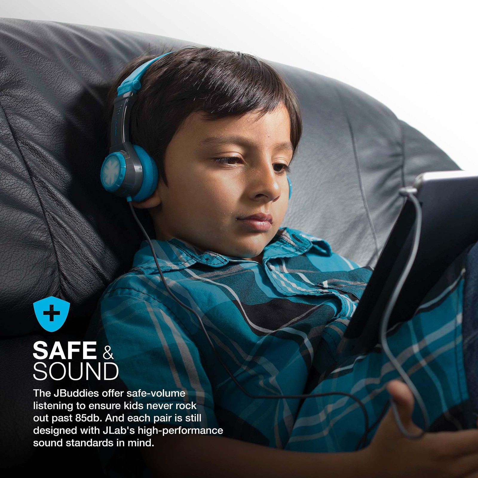 JLab JBuddies Folding Kids Headphones Volume Limiting Noise Isolation Gray/Blue