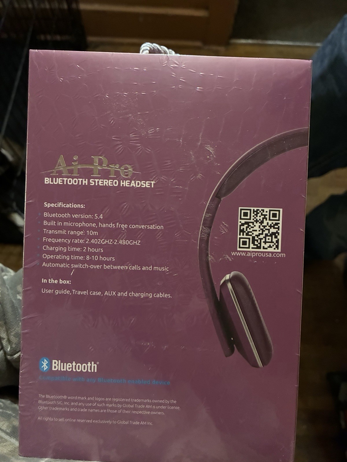 Ai Pro APRO-200 PLUS Bluetooth Wireless Over-Ear Headset Purple Foldable Mic