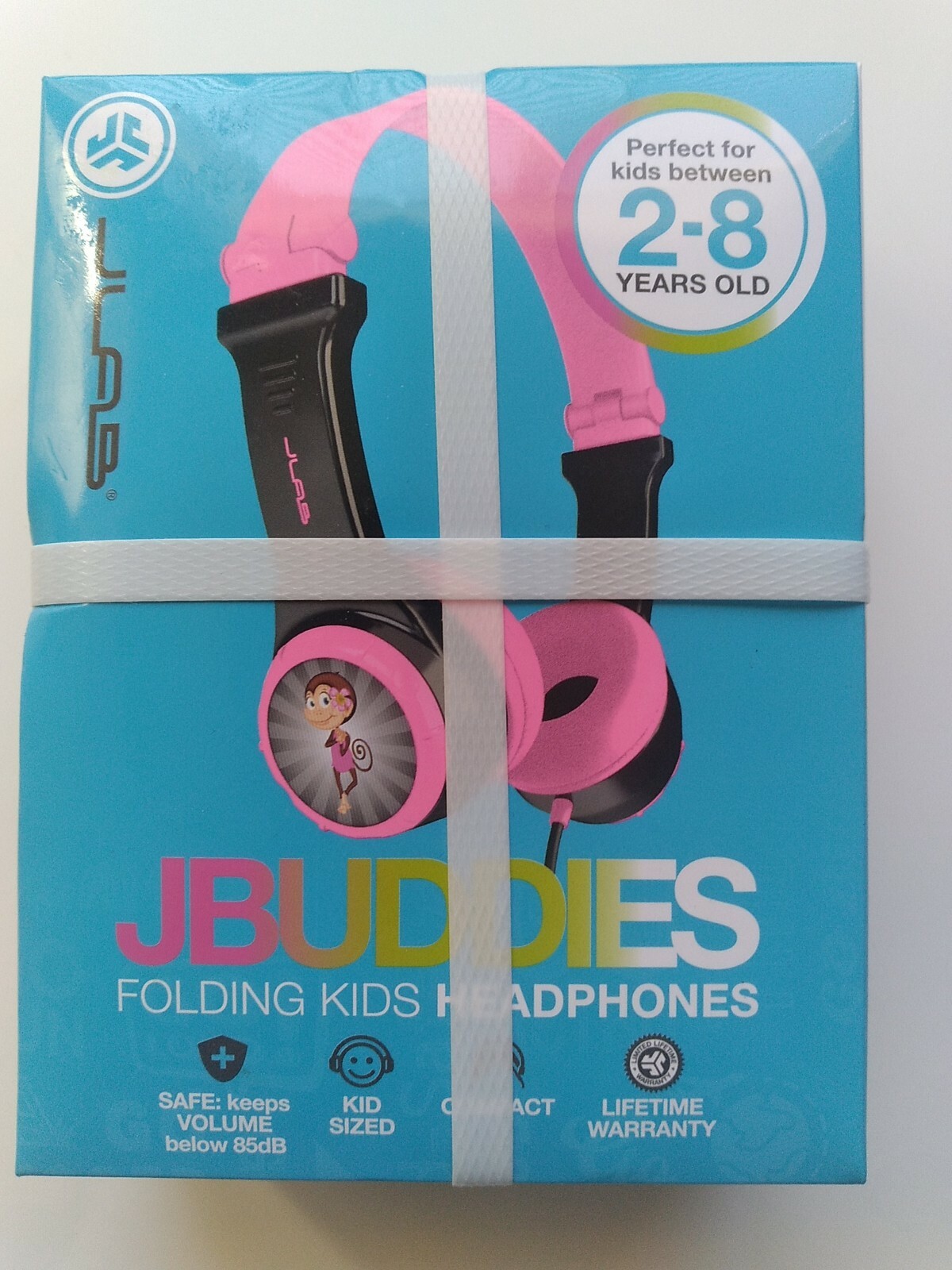 JLab JBuddies Folding Kids Headphones, Pink Monkey Theme, Compact, Safe 85db
