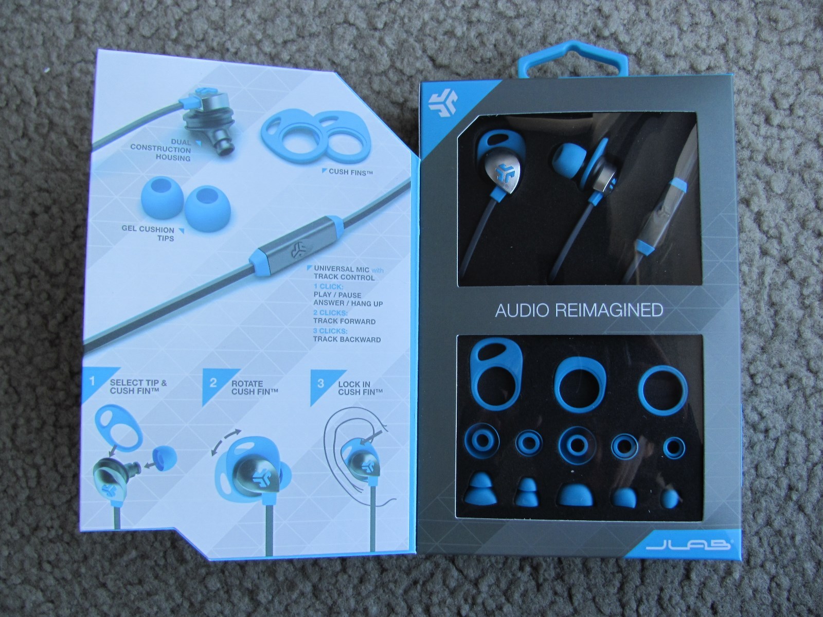 New JLAB EPIC-BLUGRY-BOX Earbuds Universal Mic with Track Control Blue/Gray