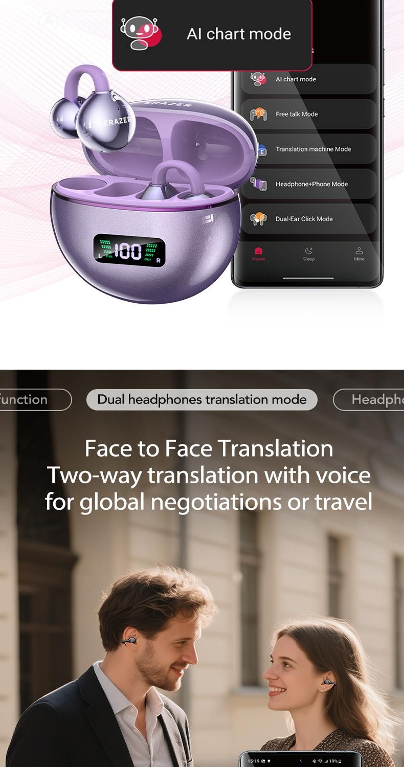 Erazer Xf55 Bluetooth V6.0 AI Earphones Noise Reduction Wireless Translator