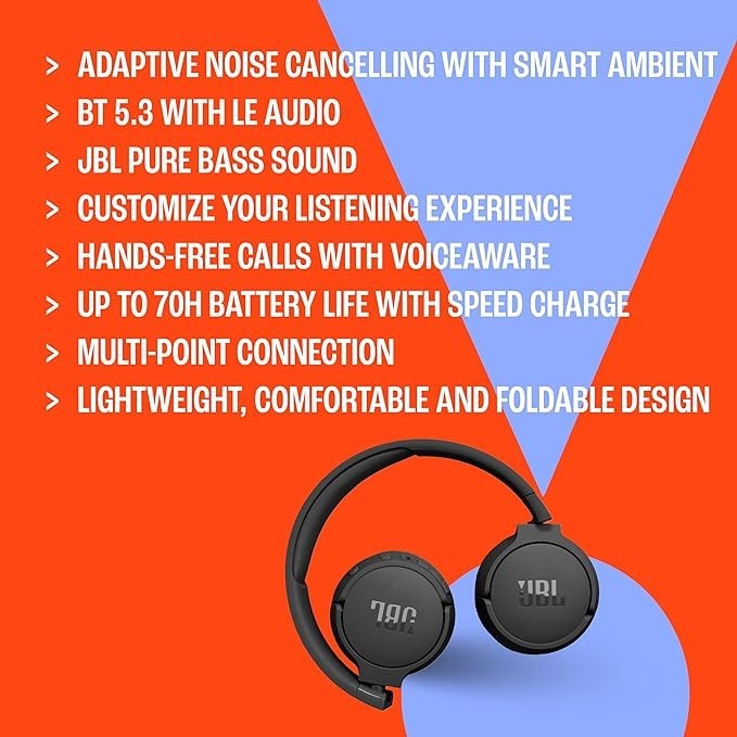 JBL TUNE 670NC Wireless Headphones w/Adaptive Noise Cancelling (Black)