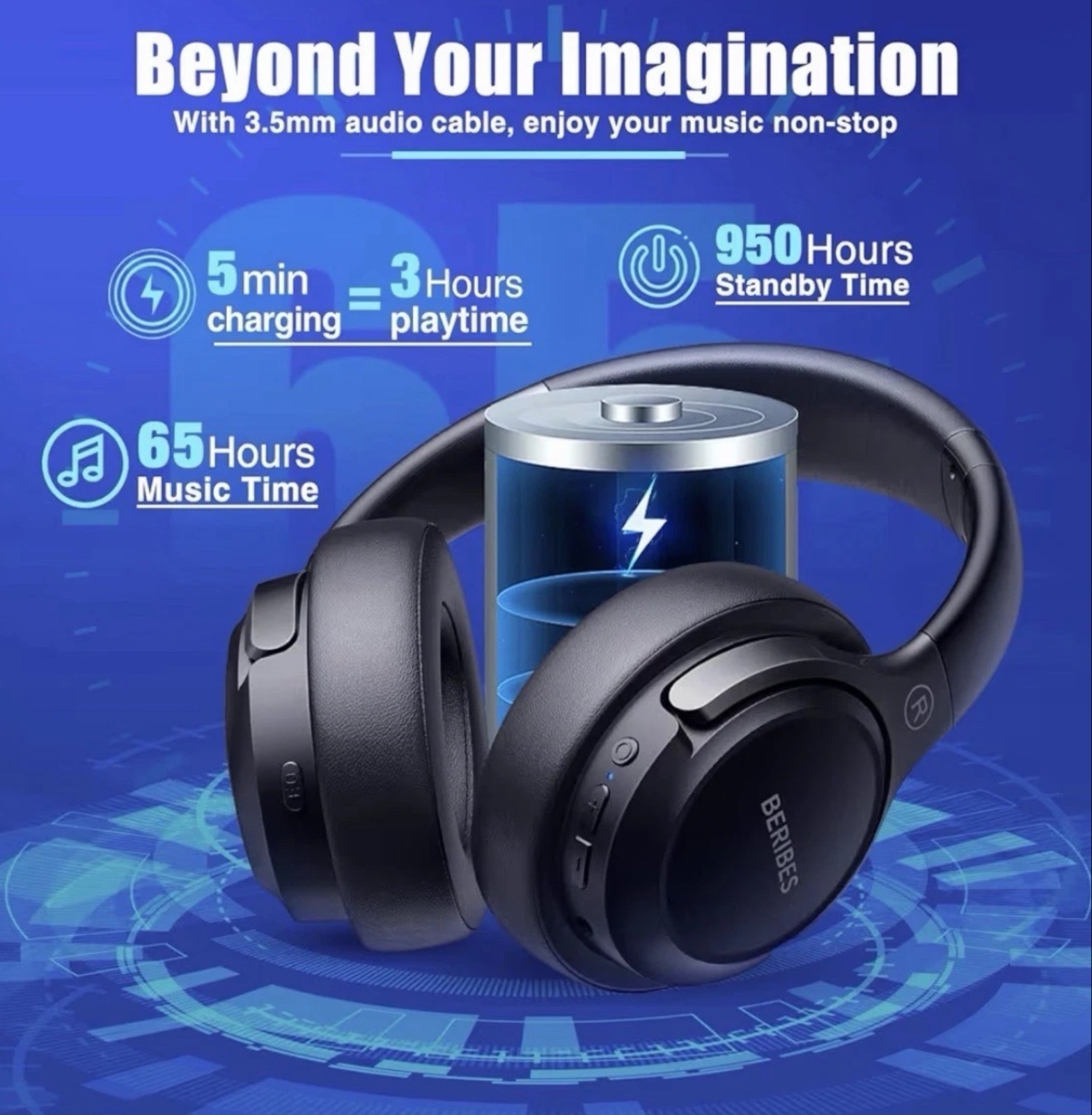 BERIBES WH202A Black HI-FI Audio Bluetooth Over Ear Wireless Headphones 65H Play
