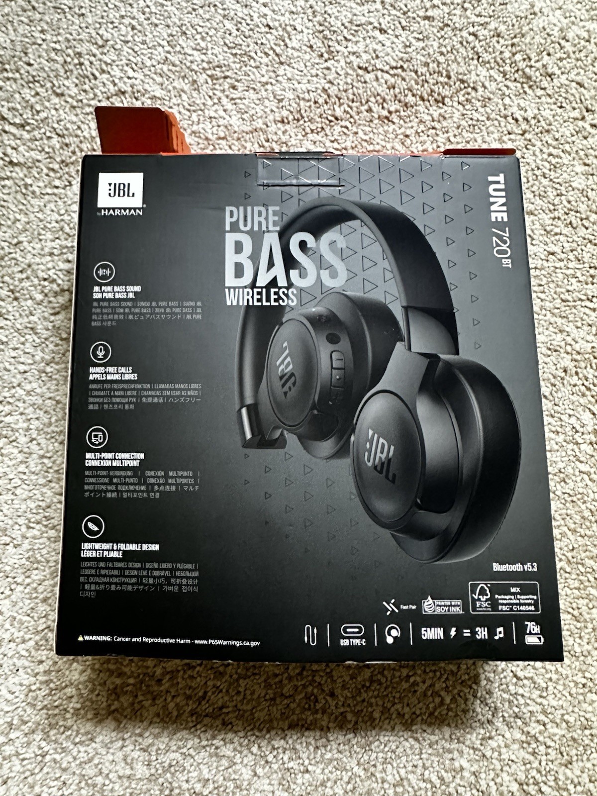 JBL Tune 720BT Wireless Bluetooth Over-Ear Headphones Built-In Mic Black