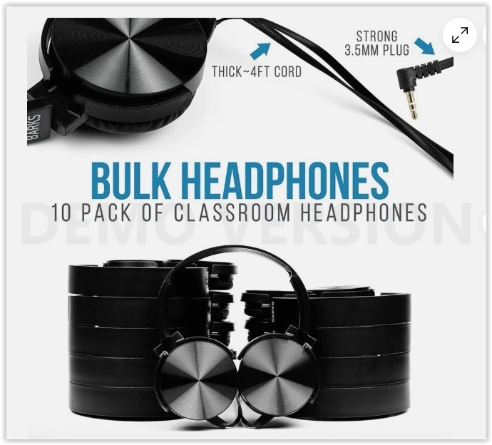 Barks 10 Pack Black Over-Ear Headphones 3.5 plug style for Students and adults