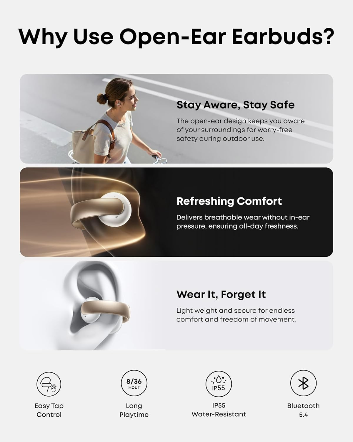 Soundcore Aeroclip by Anker, Open-Ear Earbuds, Clip-On Headphones, Adaptive Comf