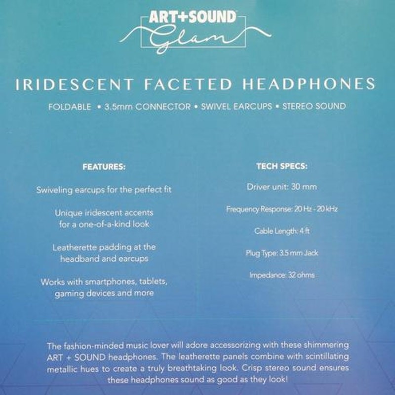 Art + Sound Glam Iridescent Faceted Headphones 4ft Cable 3.5mm Jack