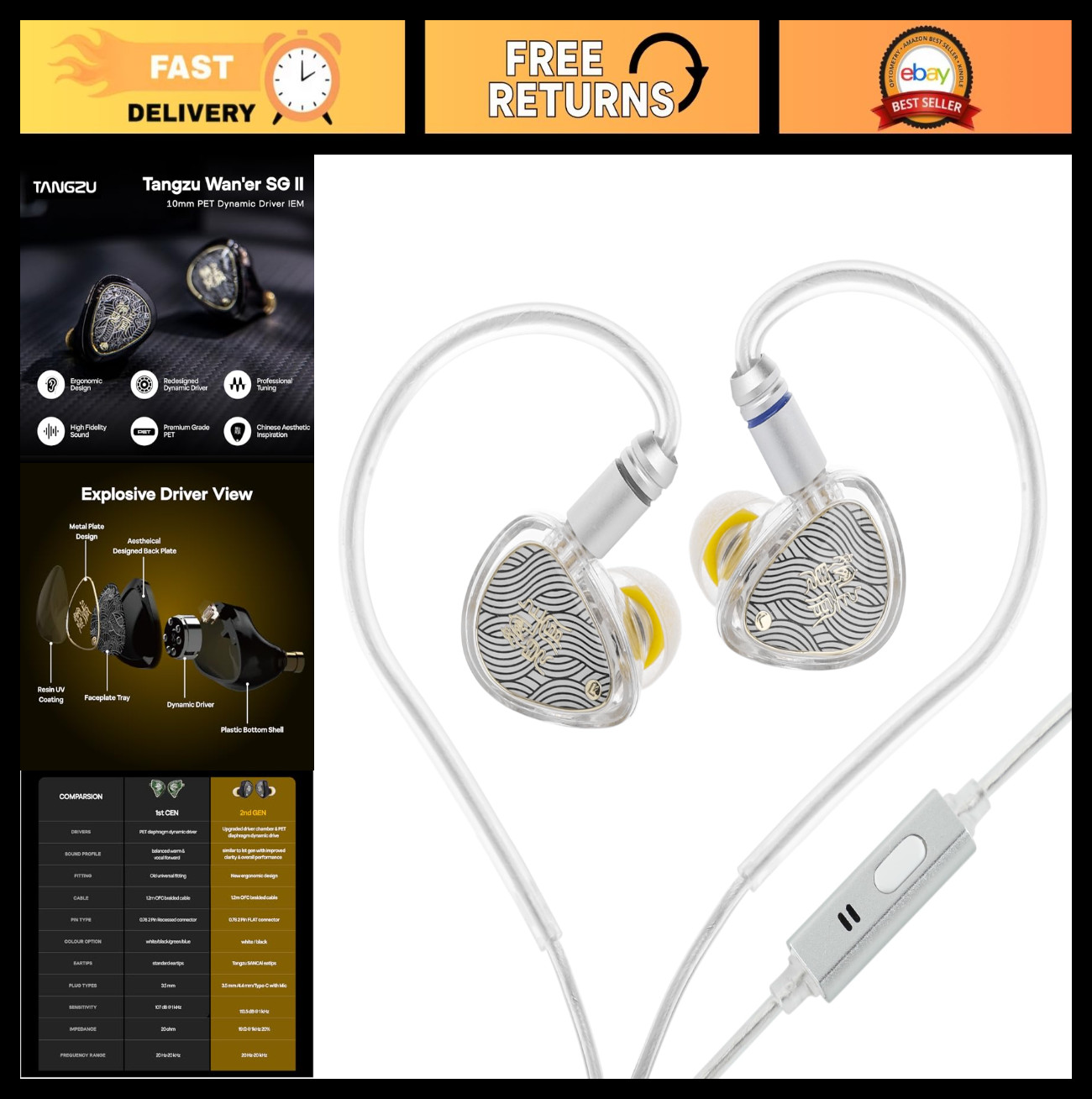 HiFi Wired In-Ear Monitors, 10mm Dynamic Driver Gaming Earbuds, Detachable Cable