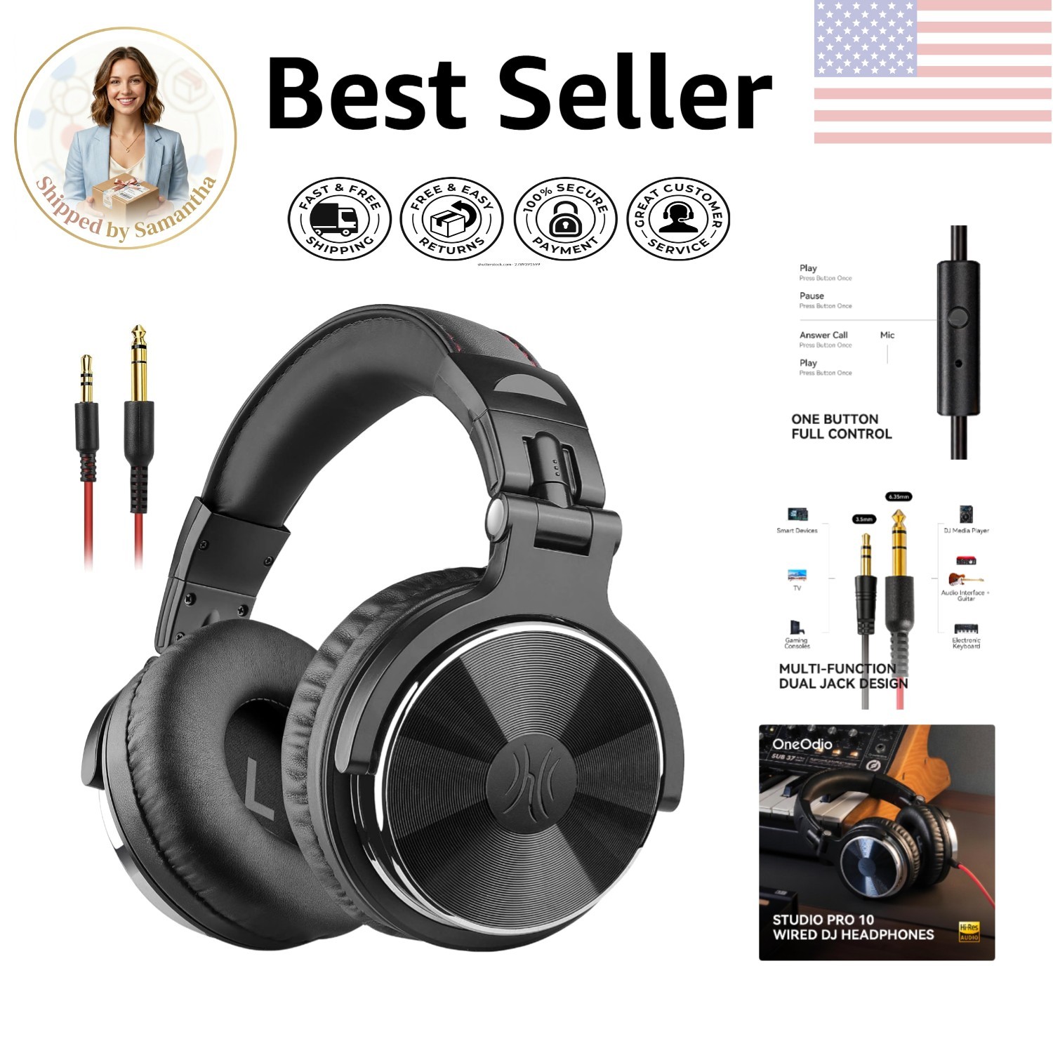 Compact Studio Monitor Headphones with 50mm Bass Drivers & Media Control – Black