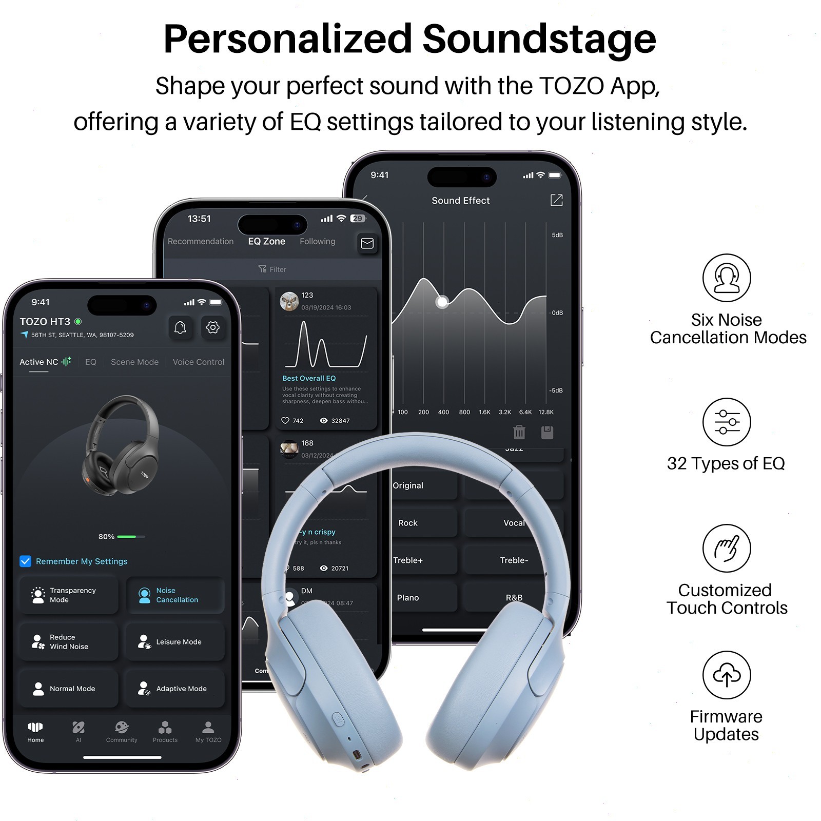TOZO HT3 Over Ear Bluetooth Headset ANC Noise Cancelling Headphone AI Chat w/APP