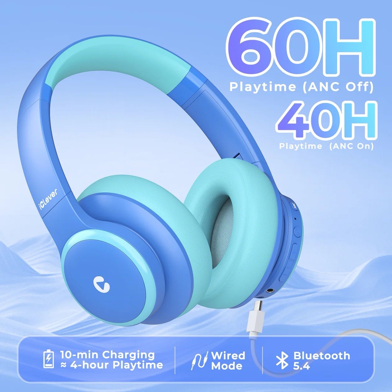iClever BTH26 Blue Wireless Bluetooth Headphone Active Noise Cancelling Over-Ear