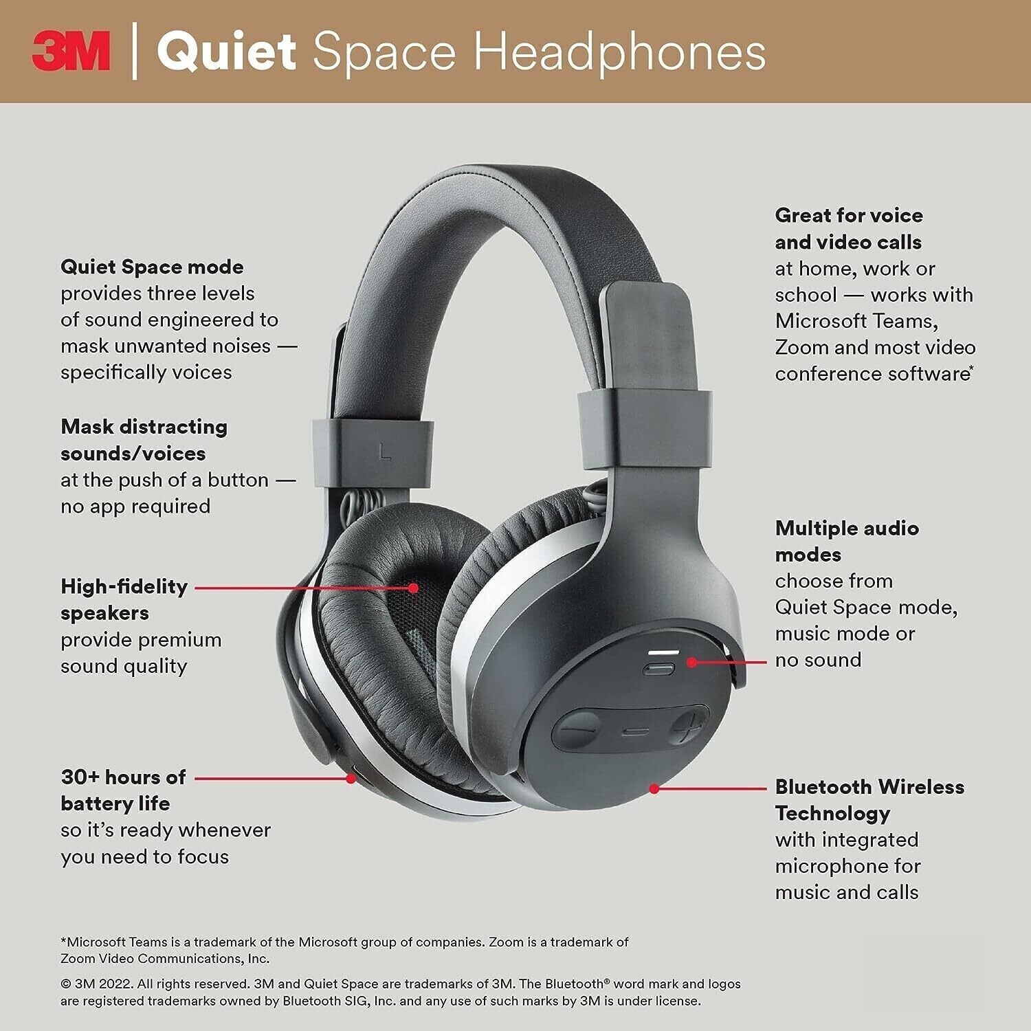 3M Quiet Space Headphones Black Hi-Fi, Sound Blocking, 30+ Hrs Battery Bluetooth
