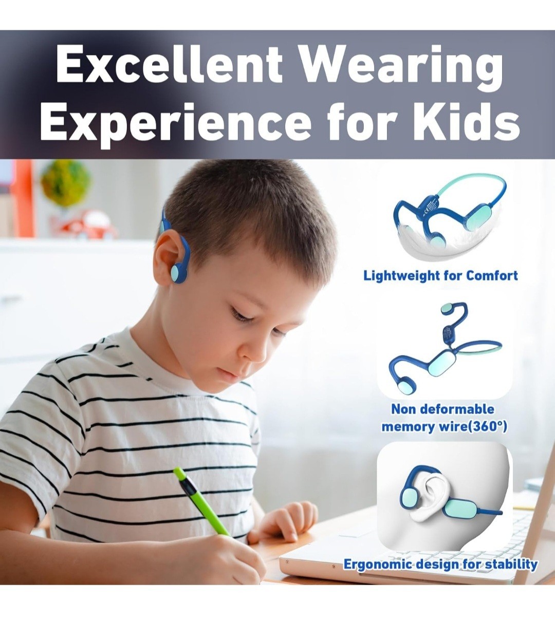 Kids Headphones Bluetooth 5.2 Air Conduction Open Ear Headphones 85dB Volume