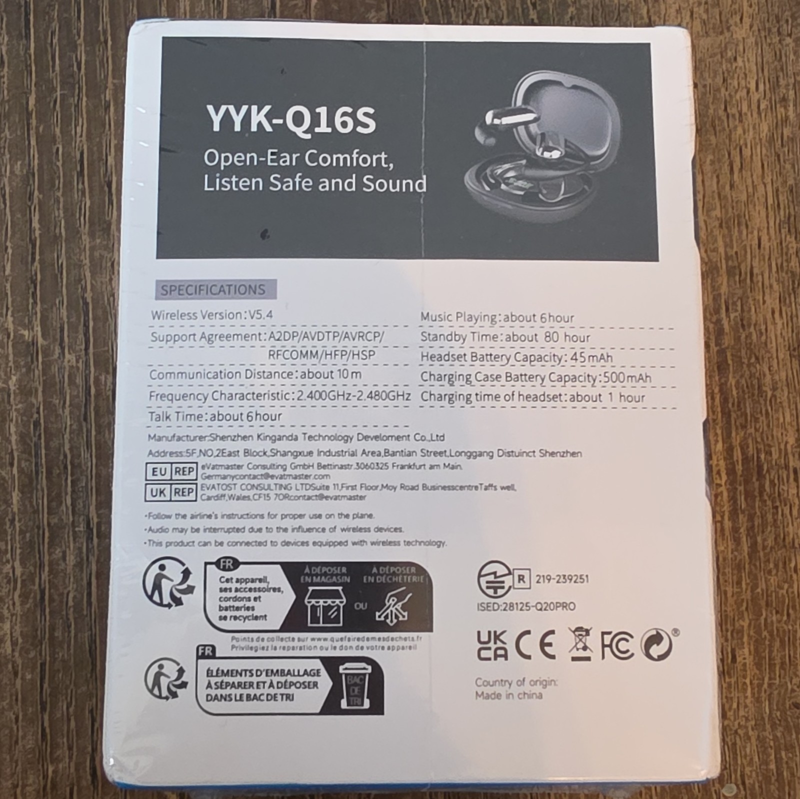 YYK YYK-Q16S Open-Ear Ear-Hook Wireless Bluetooth Earbuds, Black