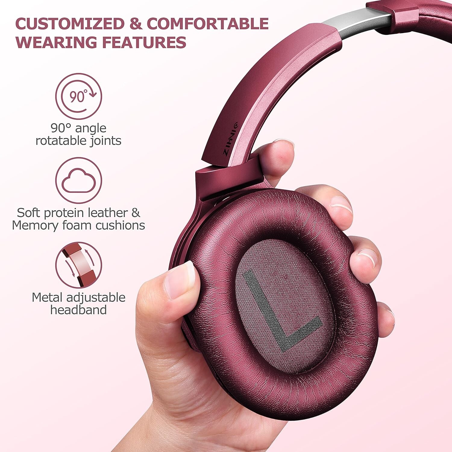 ZIHNIC Active Noise Cancelling Headphones, 40H, Wireless Bluetooth, BURGUNDY