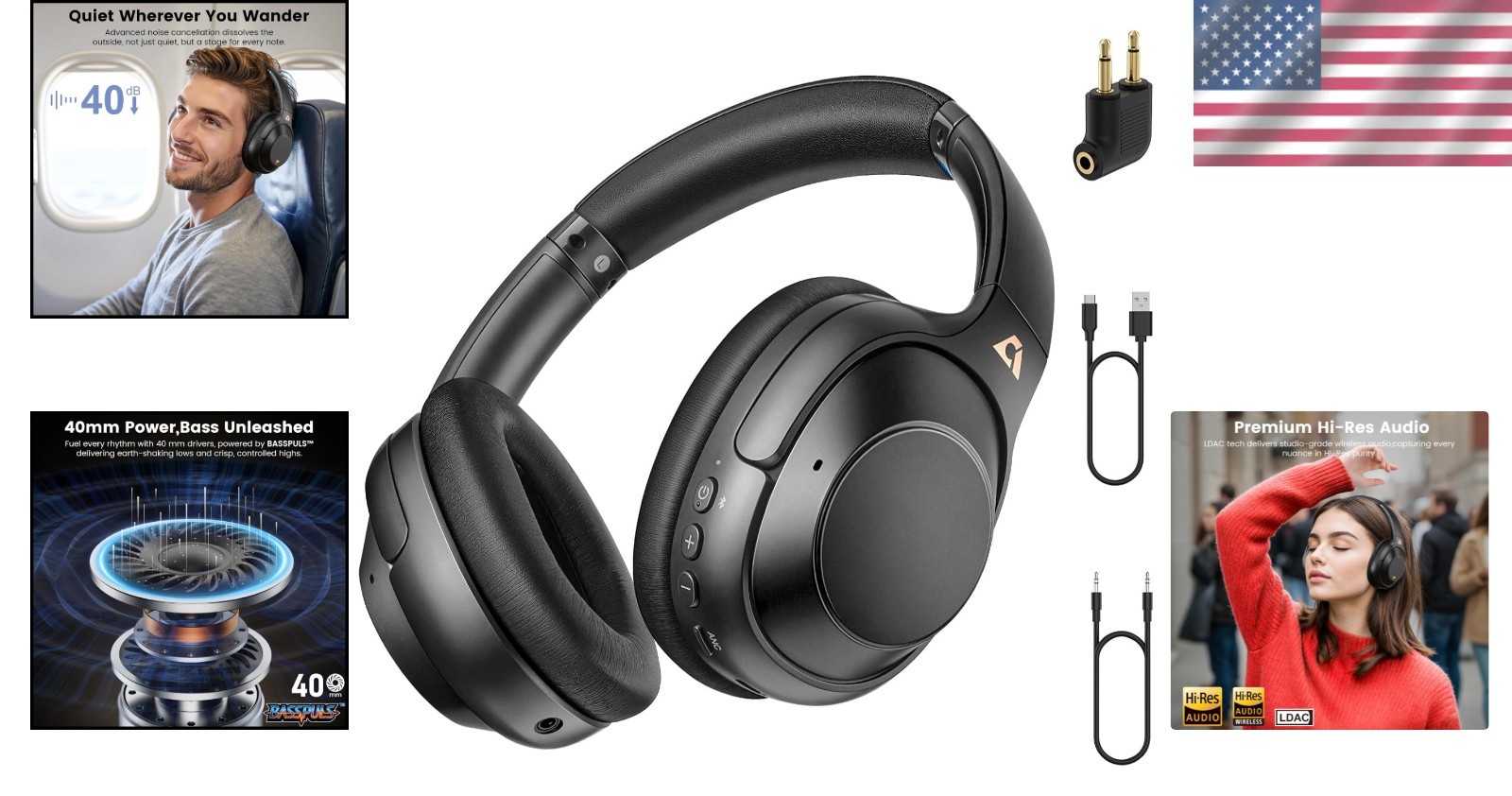 Hybrid ANC Over-Ear Headphones with LDAC Audio & 100 Hours Wireless Playback