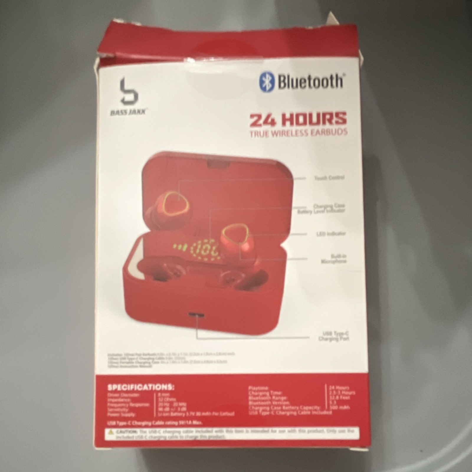Bass Jaxx 24 Hours True Wireless Earbuds Red Bluetooth, Touch Control, Mic, LED