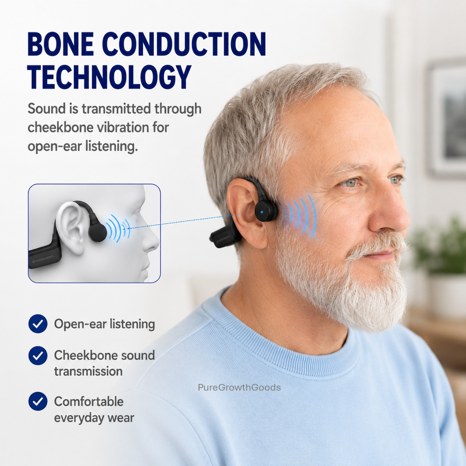 Bone Conduction Sound Amplifier Headphones Bluetooth Open Ear for Seniors
