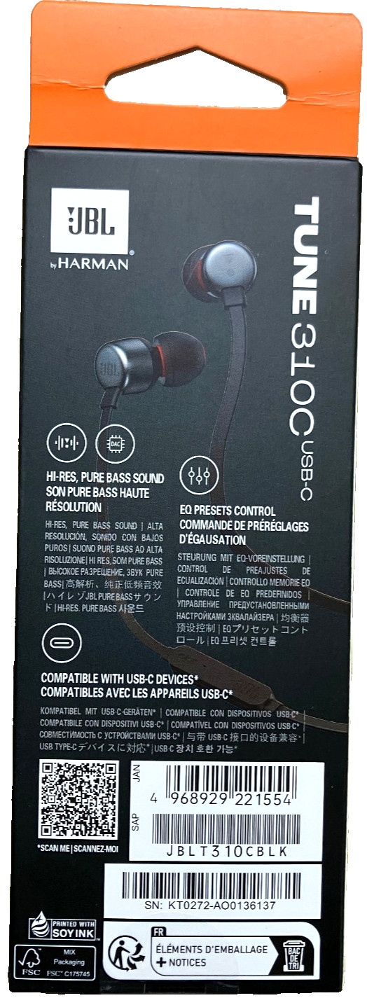 (Lot of 2 Sets) JBL Tune 310C USB-C In-Ear Wired Headphones
