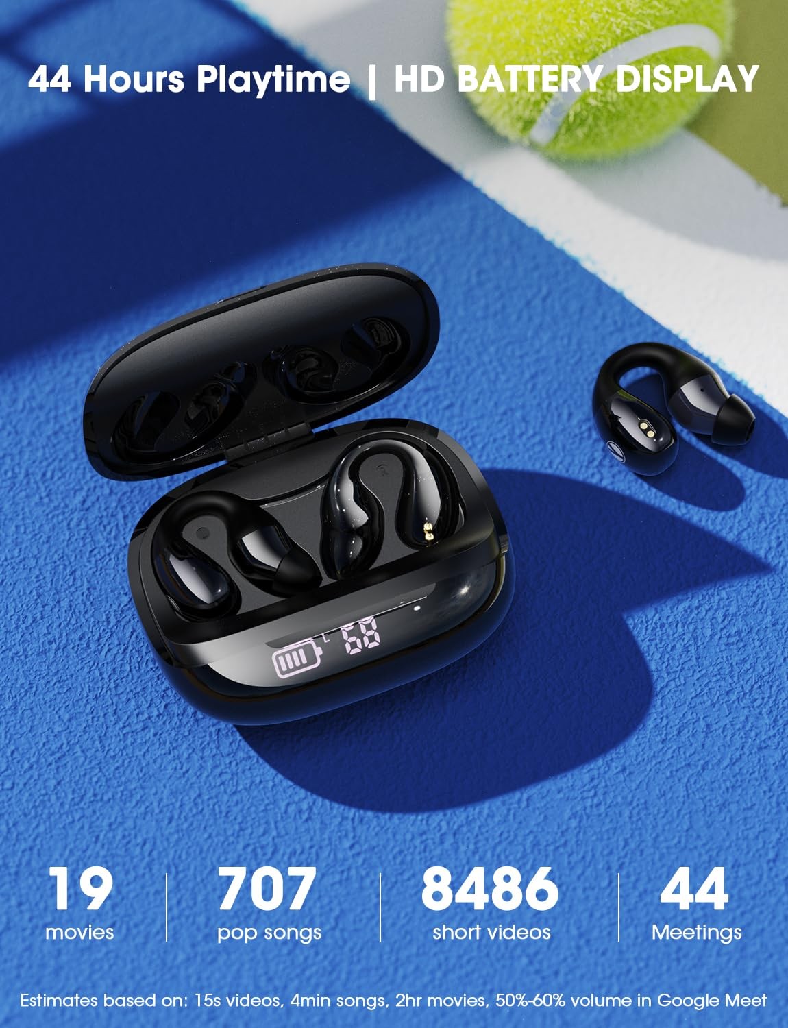 Open Ear Earbuds, Clip On Earbuds Wireless with 44H Playtime & Charging Case, Bl