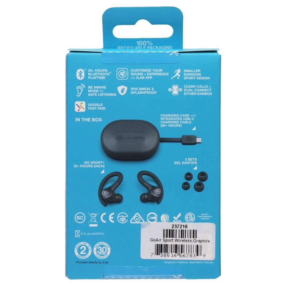 JLab Go Air Sport True Wireless Earbuds Bluetooth Graphite IP55 Gym