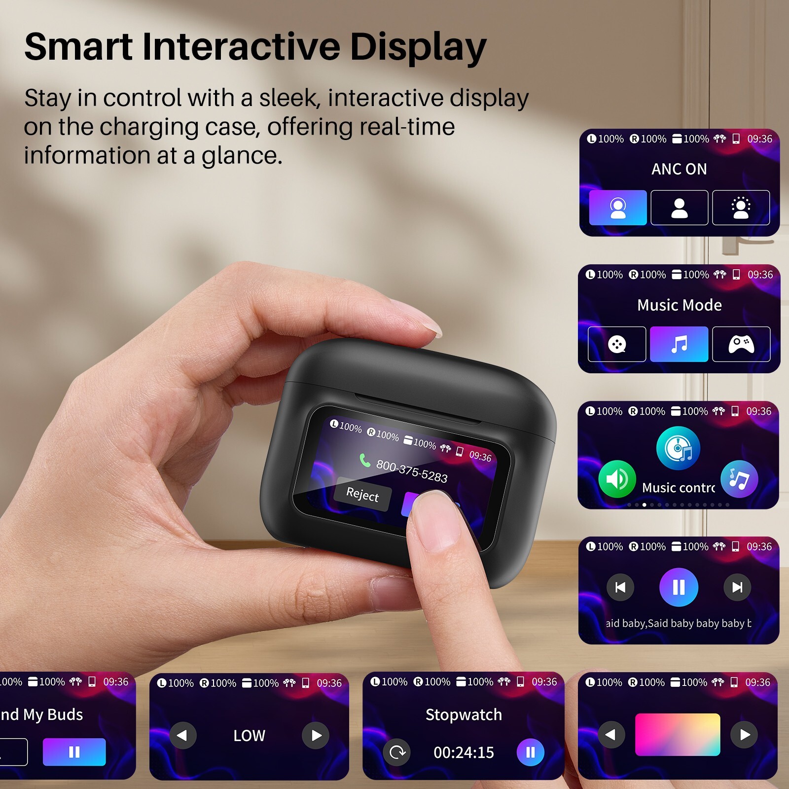 TOZO Touch Screen Wireless Earbuds ENC ANC Active Noise Canceling Bluetooth 5.4