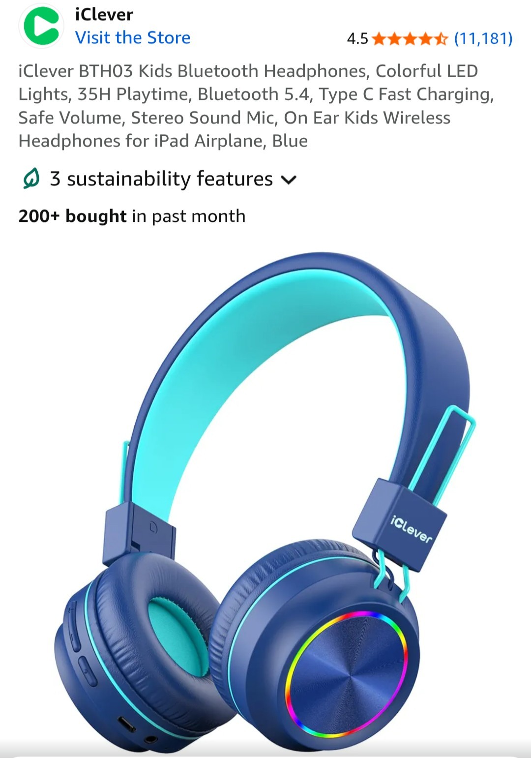 iClever BTH03 Kids Headphones Bluetooth 5.0, Foldable,Colorful LED Lights Stereo