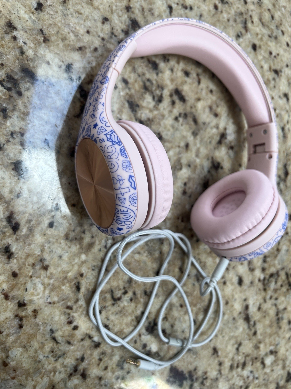 LilGadgets Wired Over-Ear Headphones Pink White Blue Pattern w/ Carrying Pouch