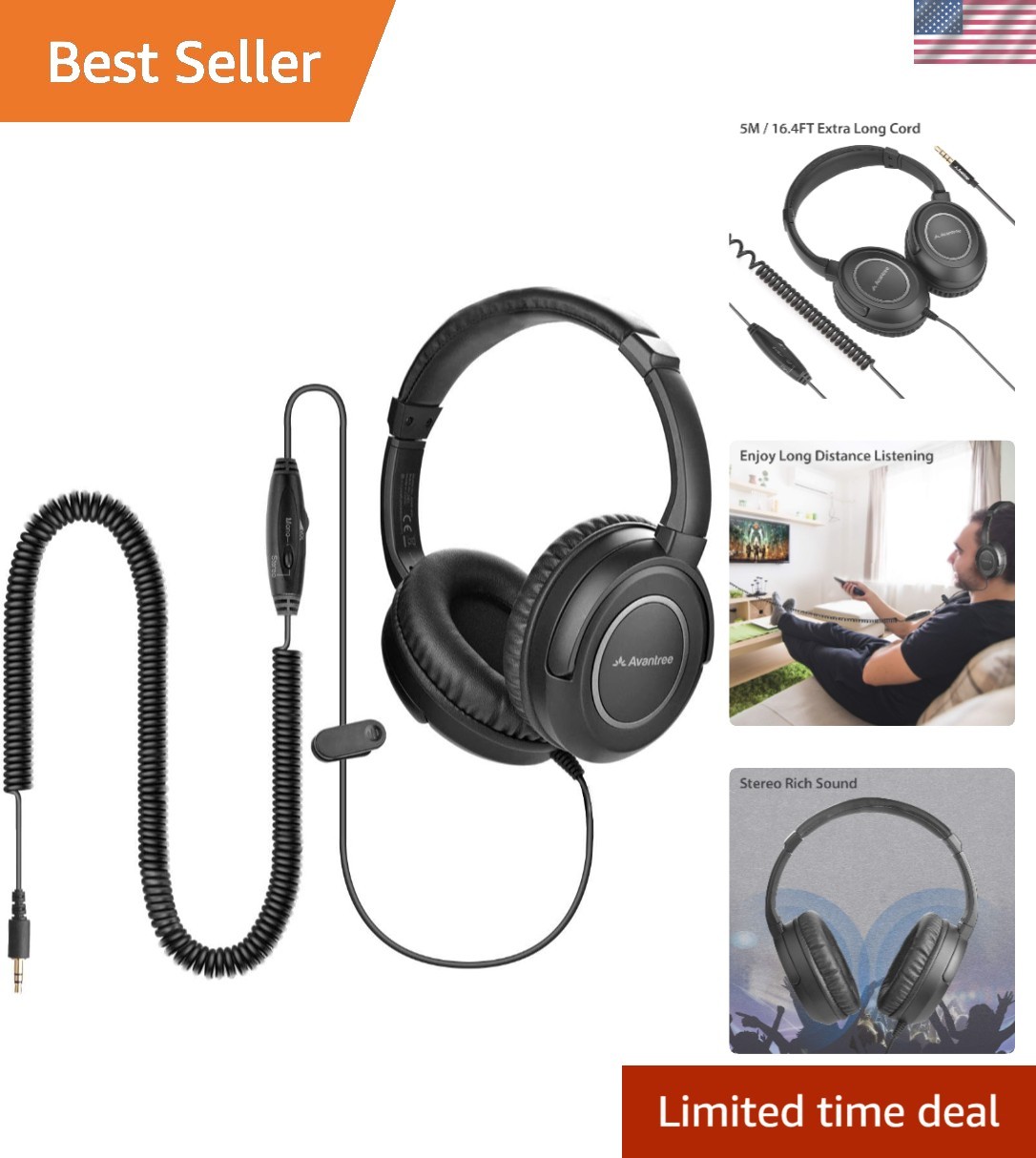 HF039 Long Coiled Cord Headphones for TV and PC with Volume Control, Stero/Mo…