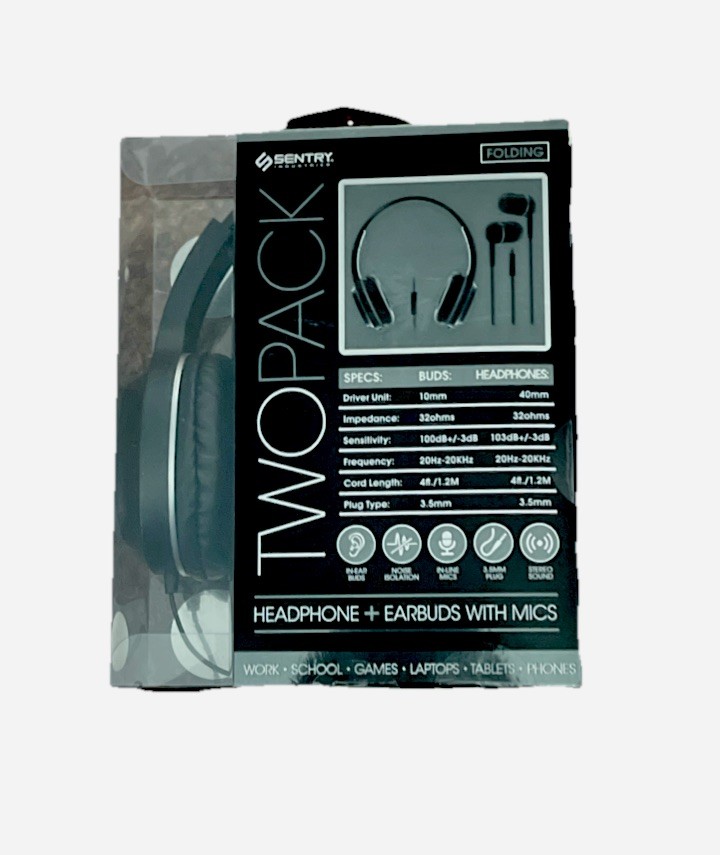 Sentry 2 Pack Folding Headphones & Ear Buds With Mic, Noise Isolation 3.5mm Plug