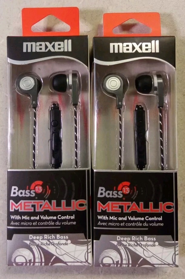2 Maxell Bass 13 Metallic Stereo Earbuds with Built-in Mic. Noise Isolating. Red