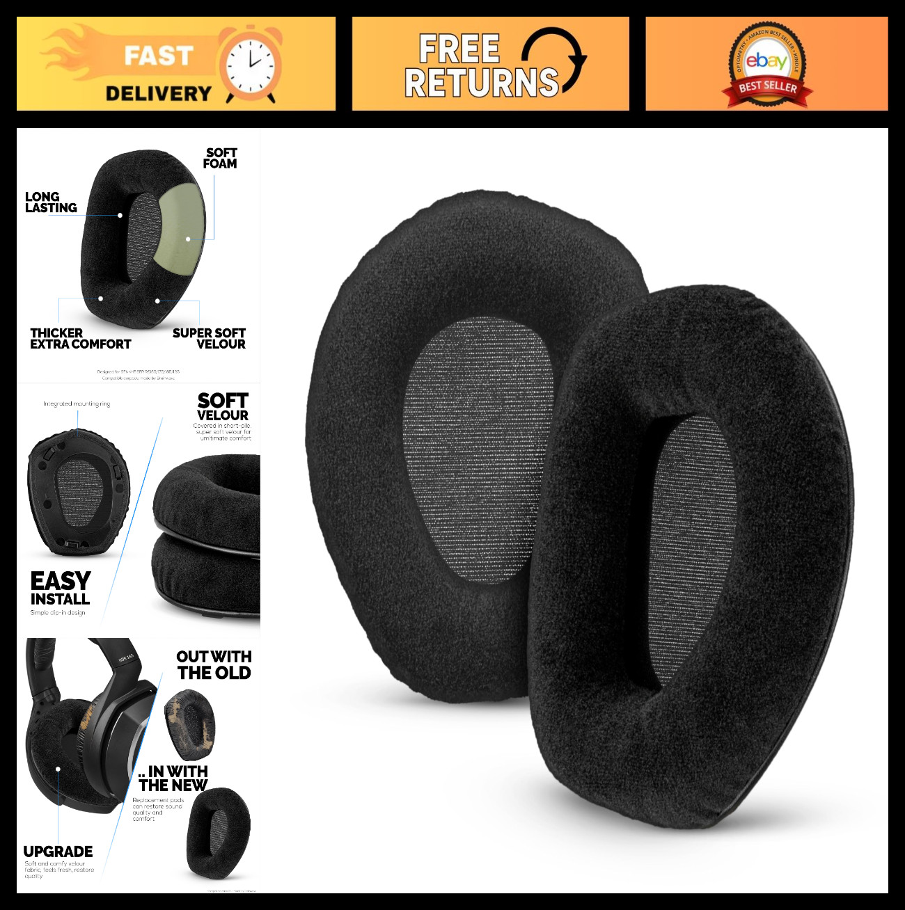 Replacement Velour Earpads for RS165 RS175 RS185 RS195 Headphones – Soft Foam Ea