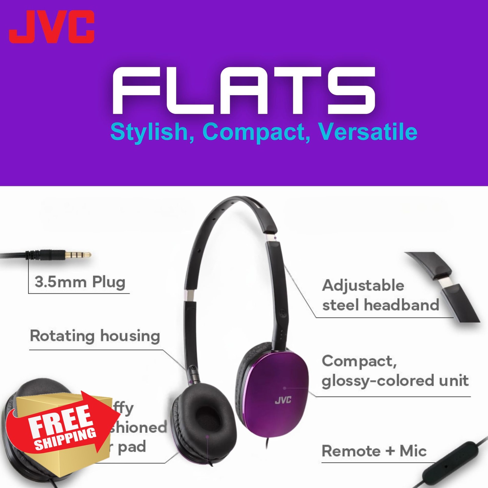 JVC Flats On-Ear Wired Headphones Foldable 30mm Driver PC Gaming