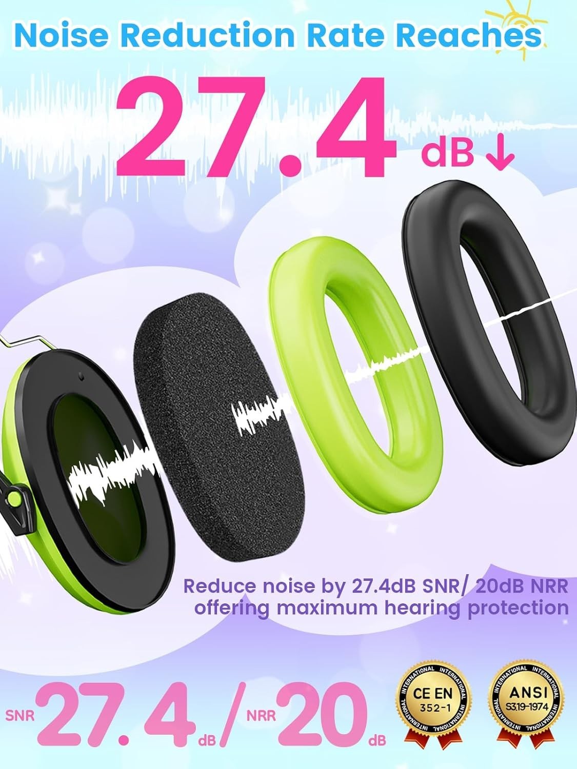 Noise Cancelling Ear Muffs Kids Adults Adjustable Hearing Protection Earmuffs