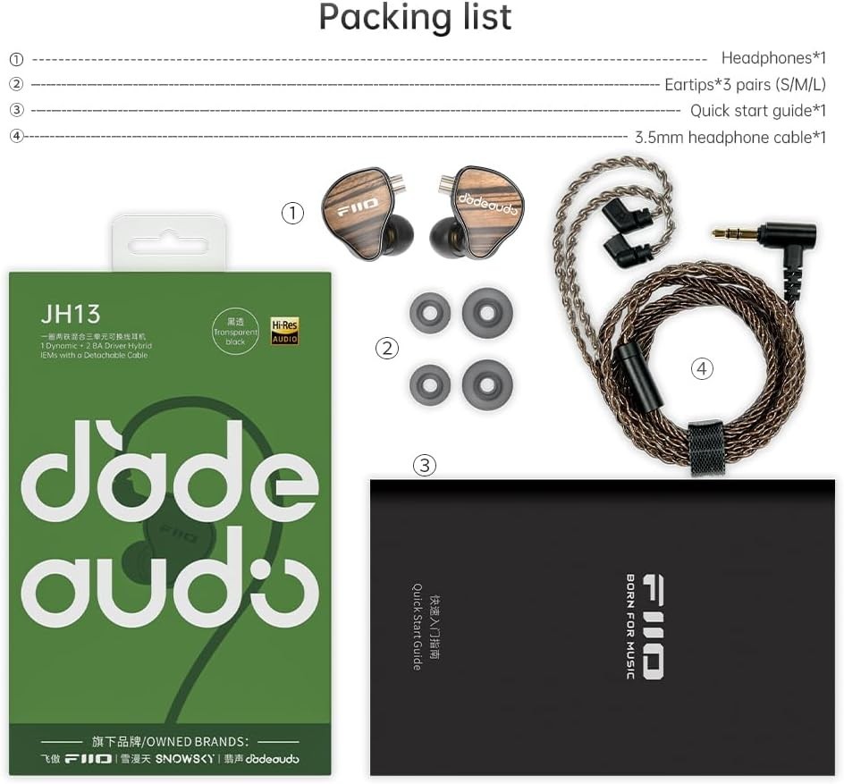 FiiO JH13 Hybrid IEMs 1DD+2BA n-Ear Earphones, 0.78mm 2Pin (Transparent Black)