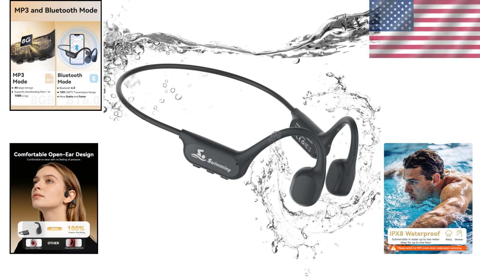 Ergonomic Bluetooth 6.0 Waterproof Earbuds with 8GB Music for Active Lifestyles