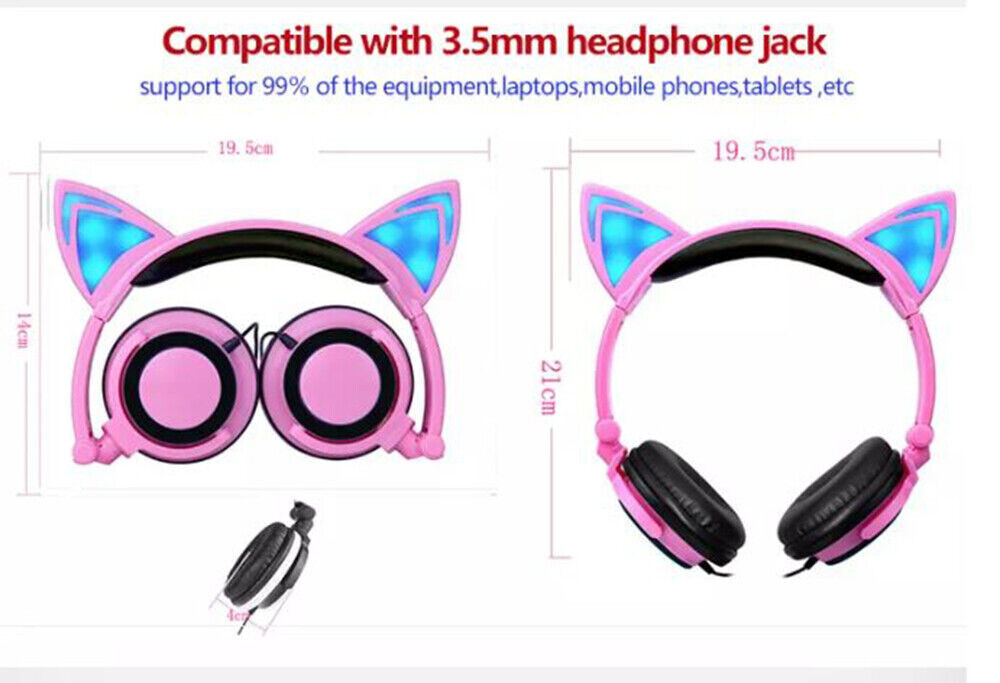 Kids 3.5mm Headphone Earphone On Ear Wired LED Cat Ears Stereo Headsets for Girl