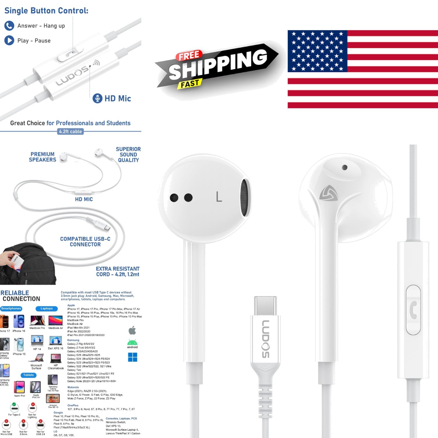 In Ear USB C Headphones for Music Gaming Travel Compatible with Multiple Devices