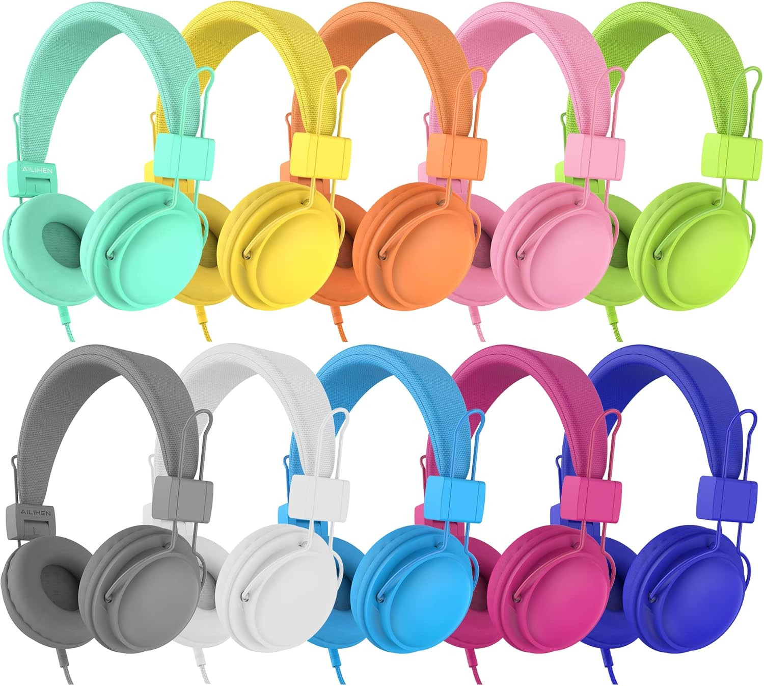 Bulk Kids Headphones 10-Pack – On-Ear Wired with Mic, Volume Limited, Multicolor