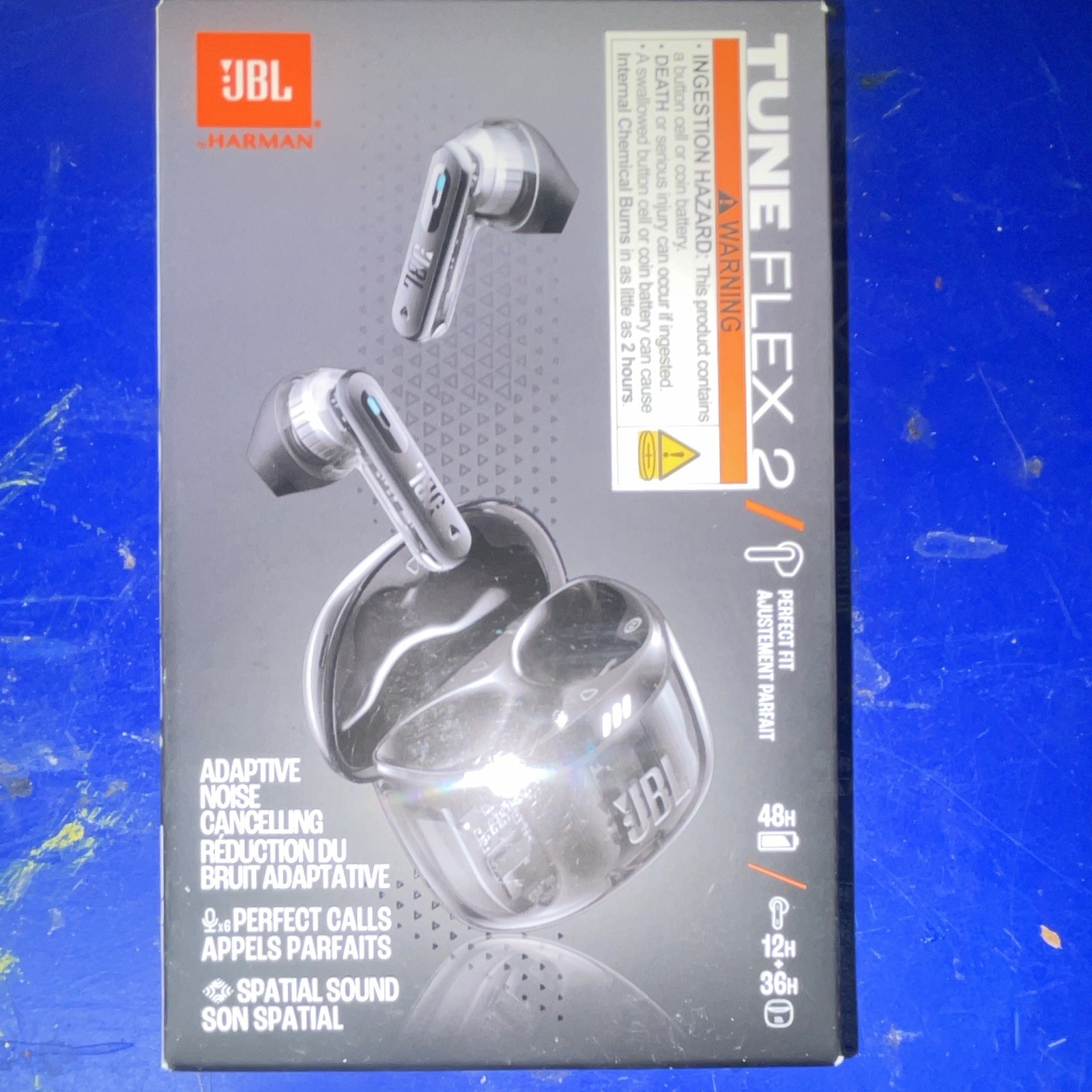 JBL Tune Flex 2 Bluetooth In-Ear Earbuds ANC Spatial Sound Mic Black/Clear