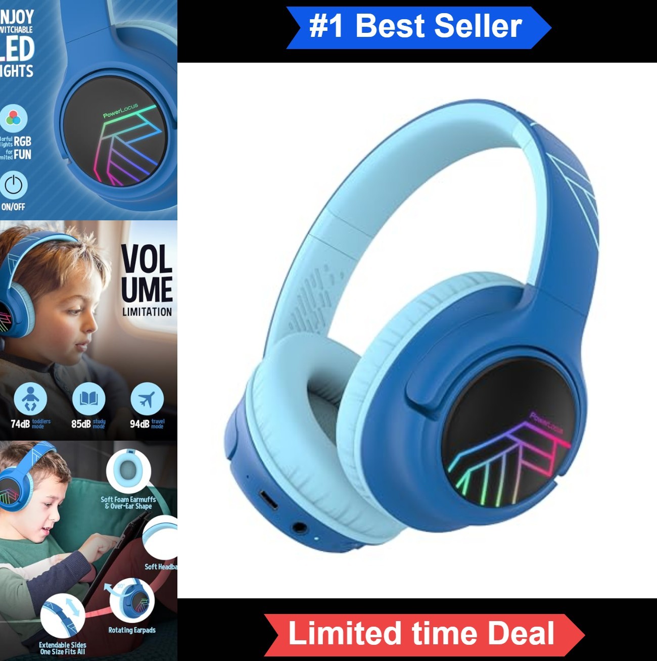 Wireless Kids Bluetooth Headphones Over Ear LED Lights Volume Limited 45H
