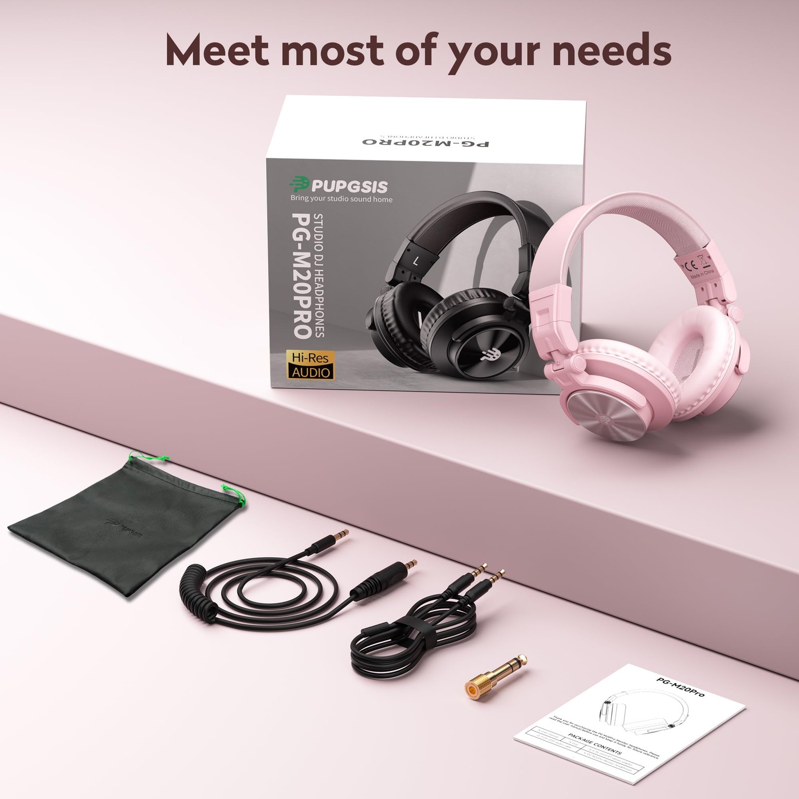 PUPGSIS Wired Studio Monitor Headphones, 50mm, Over~Ear, Pink