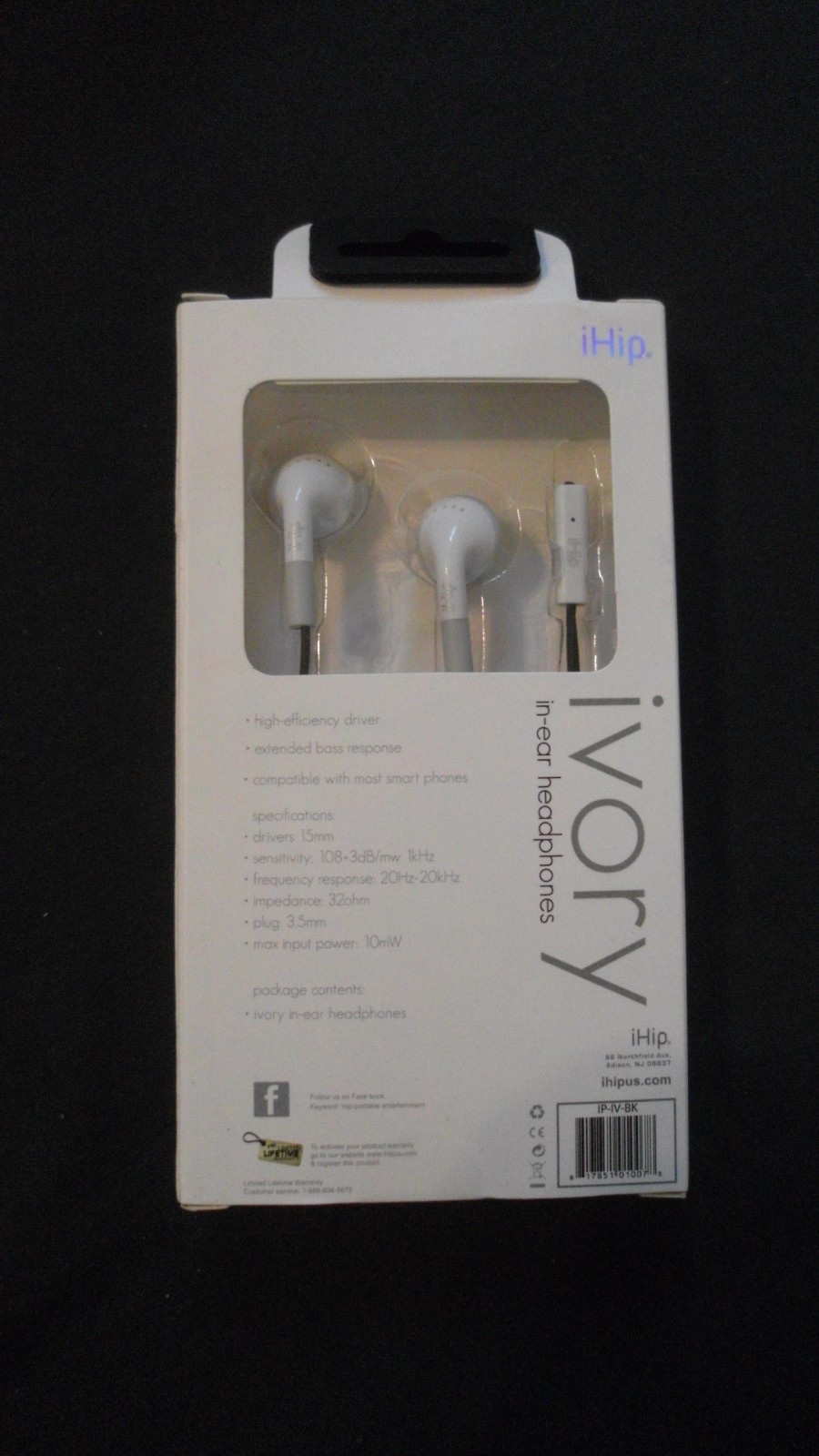 iHip Ivory In-Ear Headphones Fiber Cord & In-Line Microphone Onyx iPhone Compat