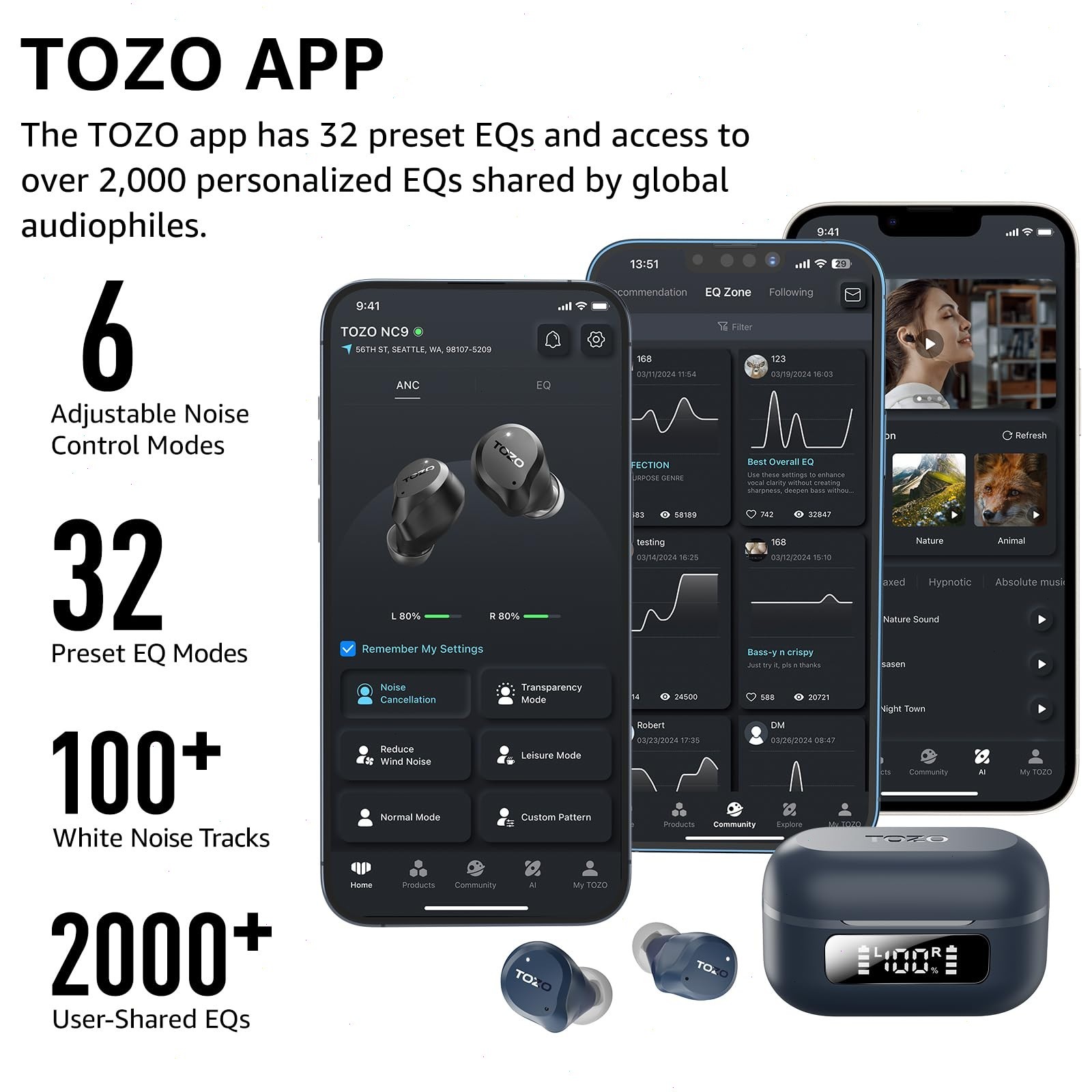 TOZO NC9 Bluetooth Wireless Earbuds 6 Mics with ANC-Modes, Blue