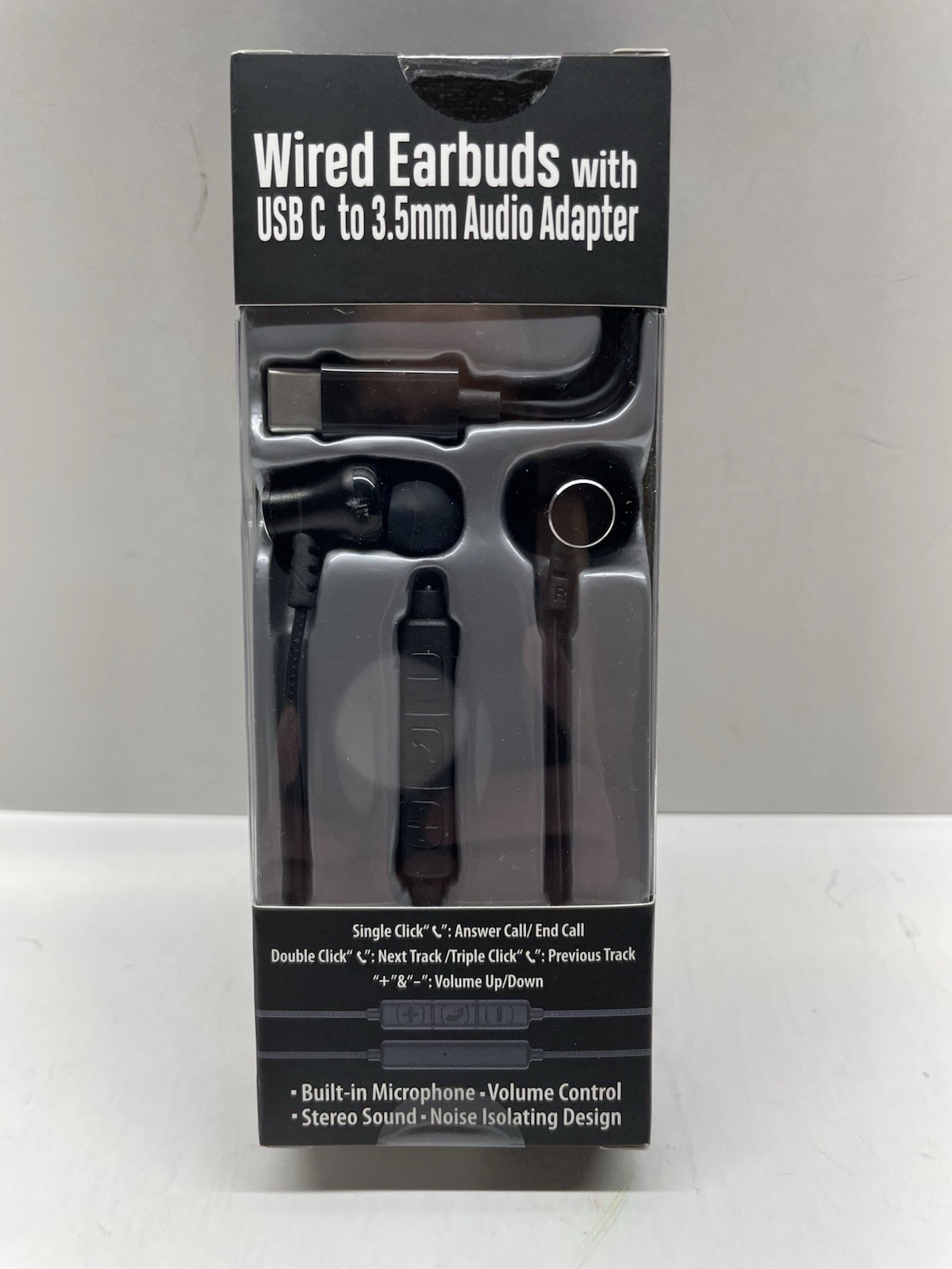 Wired Earbuds w/ USB-C to 3.5mm Adapter Mic Volume Control Noise Isolating Black