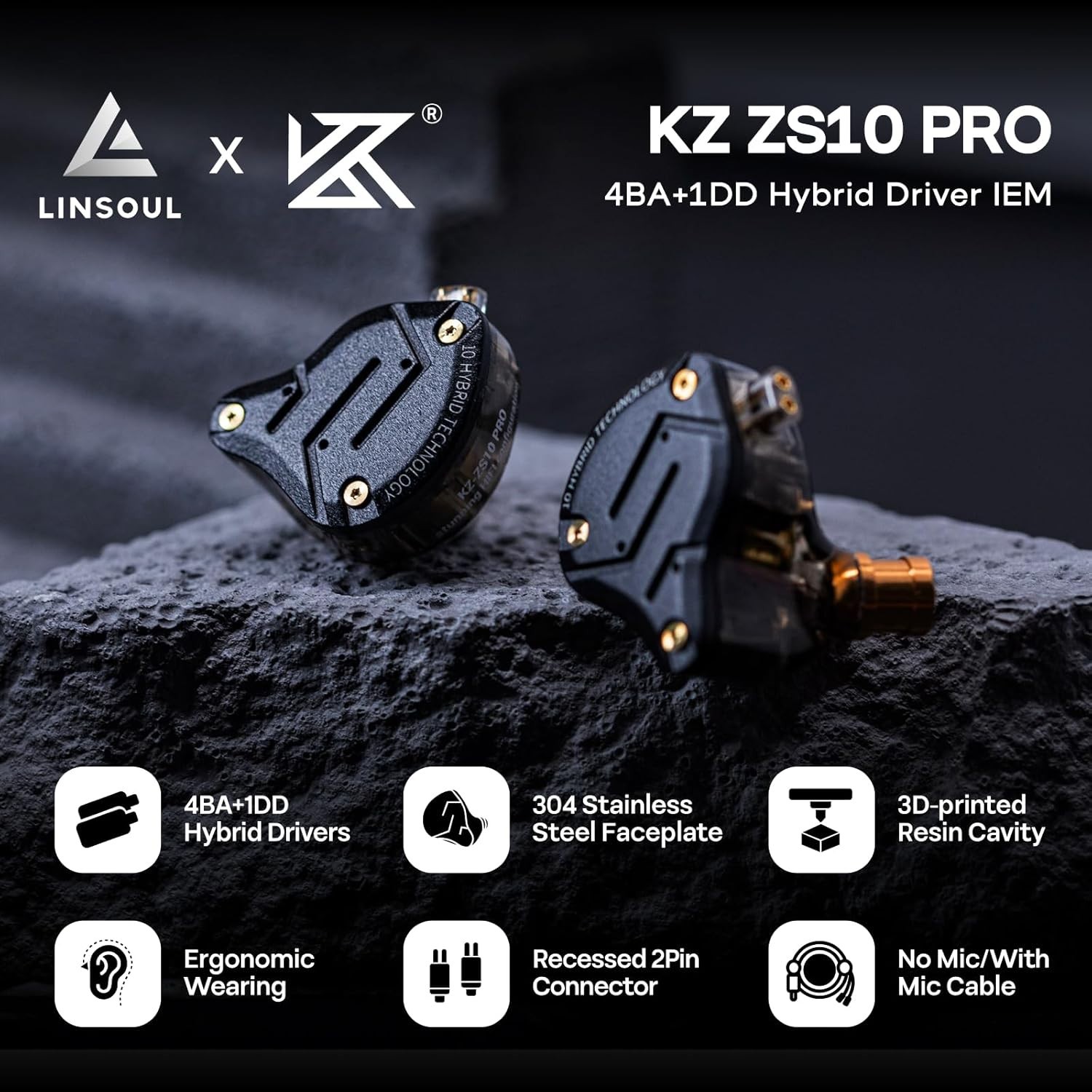 KZ ZS10 Pro 4BA+1DD Ear Monitors – Detachable Cable, Noise Isolation