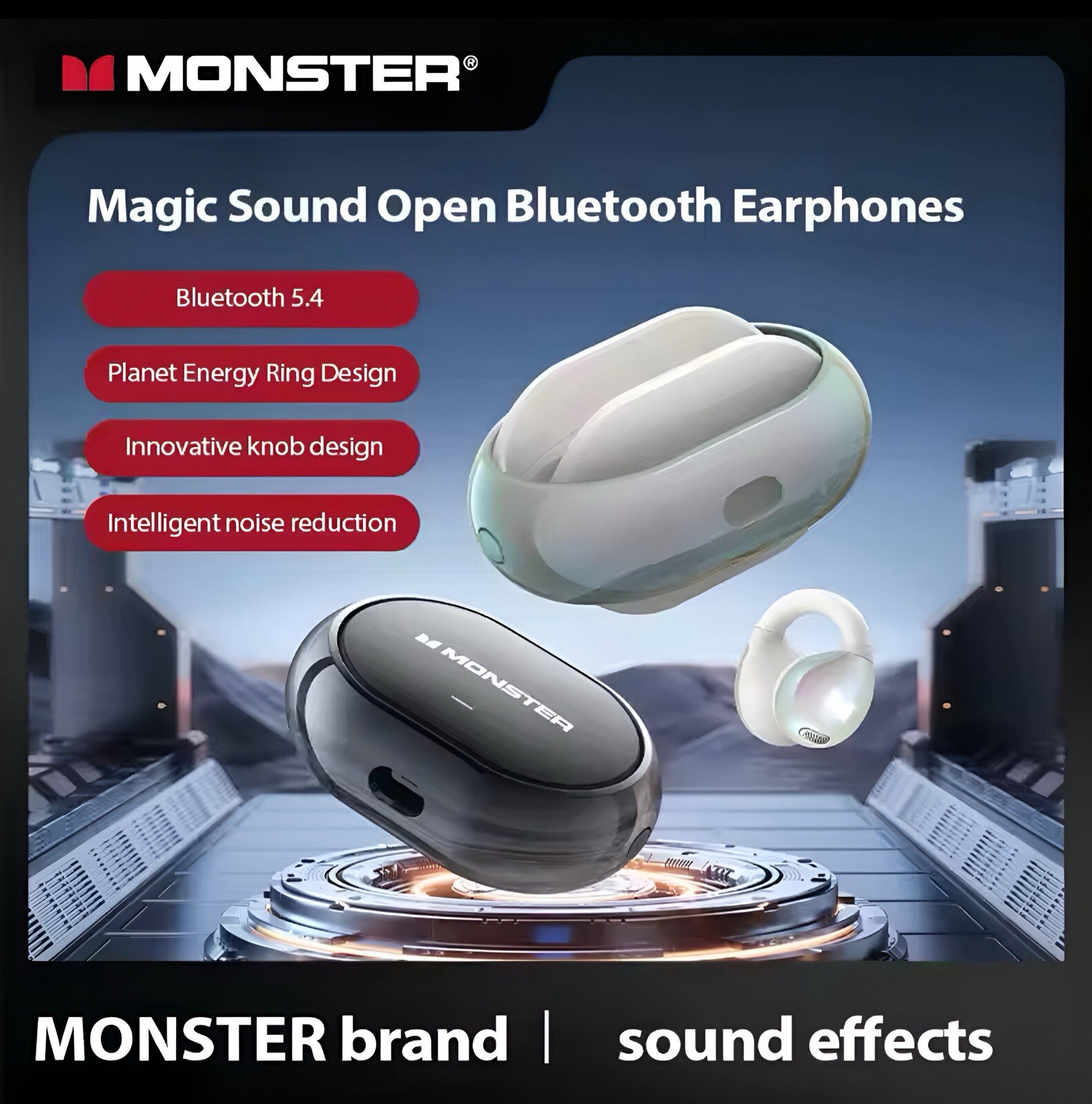 Monster Open Ear AC600 Earphones Bone Conduction Ear Clip Bluetooth 5.4 -Black